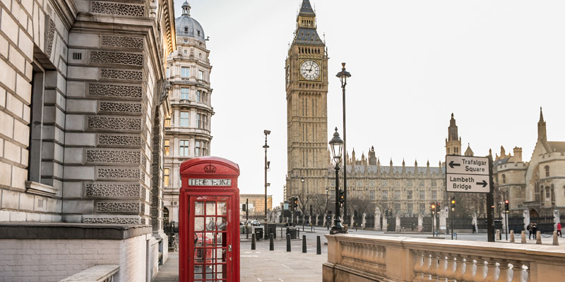 Big Ben in London with red telephone box
